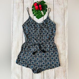 H&M Women’s Blue Printed Tasseled Spaghetti Strap V-Neck Short Romper